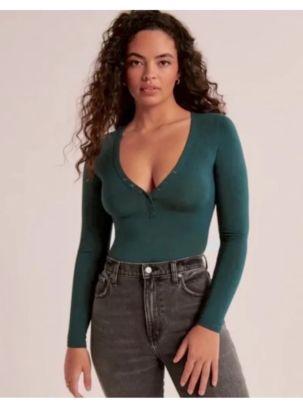 Abercrombie & Fitch Deep Teal Green Luxe Cozy Henley Long-Sleeve Bodysuit